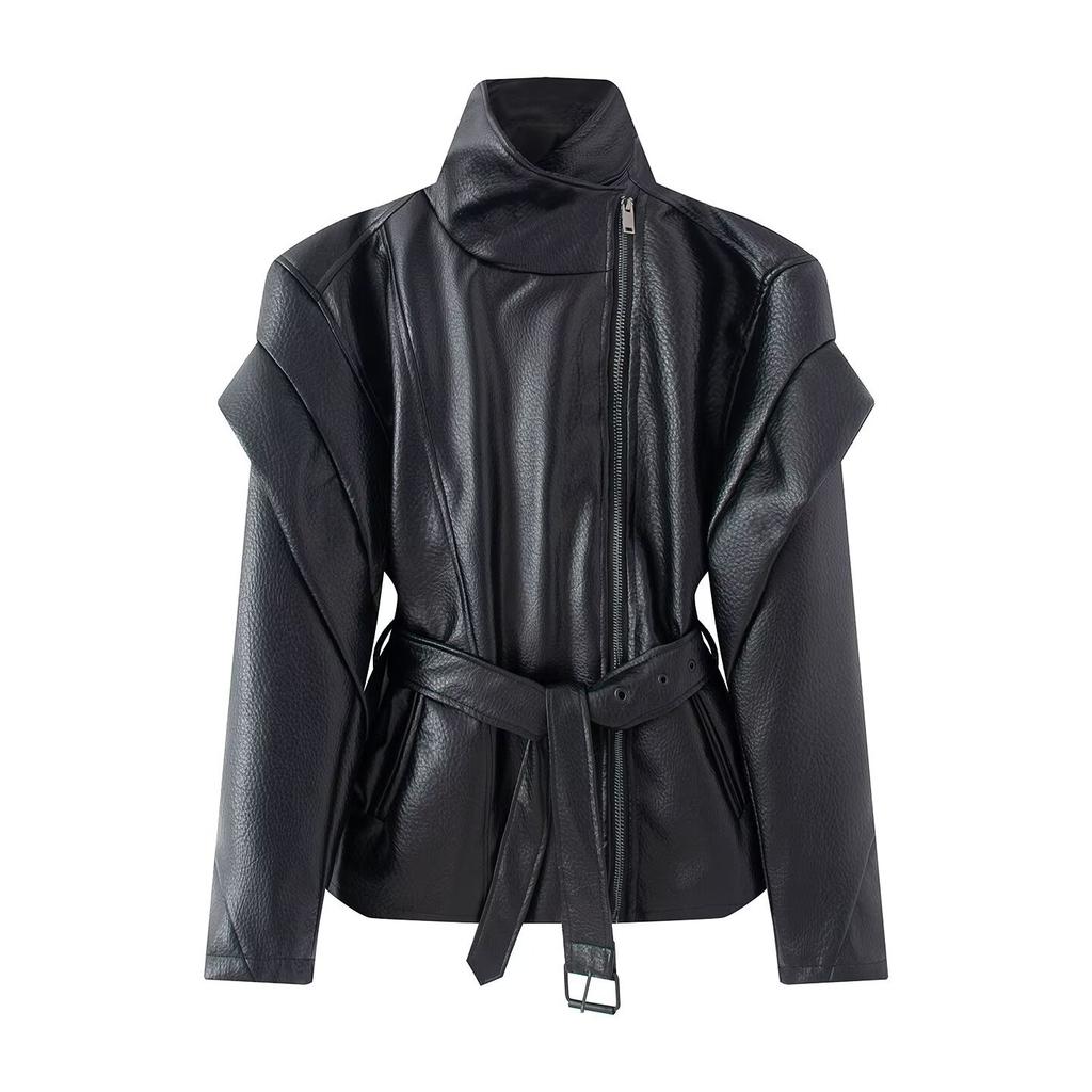 Neuer Herbststil: Europäischer und Amerikanischer Stil Modische Vielseitige Hoher Kragen Seitenreißverschluss Taille Taille Jacke