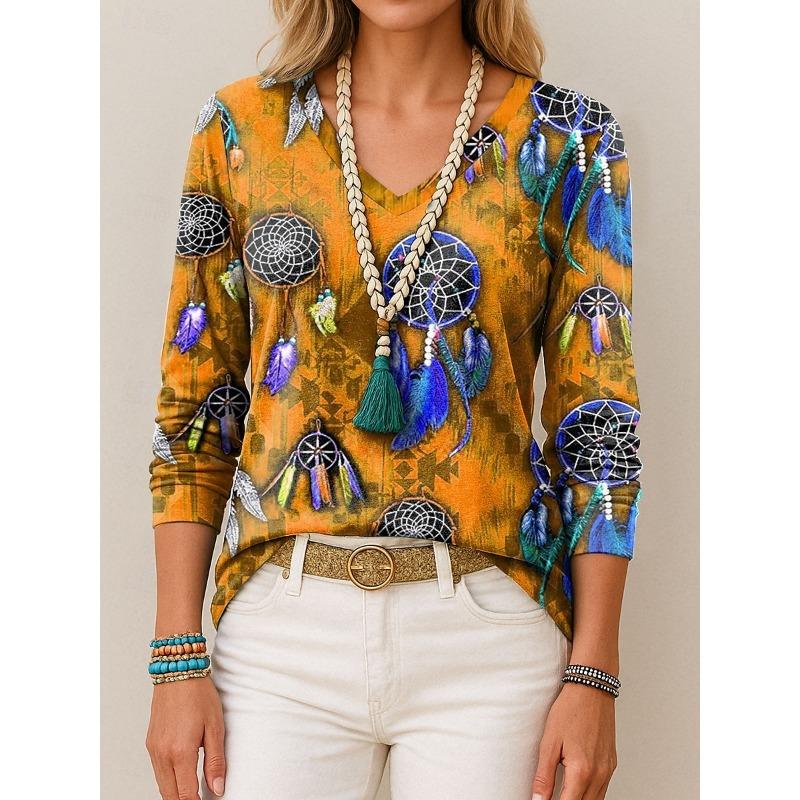 

Женская футболка Этнический графический принт Перо Элегантные модные футболки Футболки с длинным рукавом V-образный вырез Обычные топы Пуловер Осень Зима XL