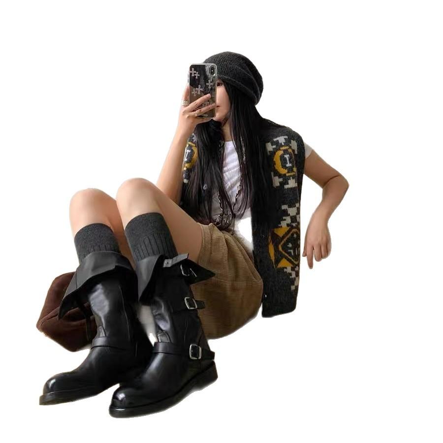 Cowhide version~ Genuine leather retro two-wear knight boots women's round head thick-soled medium boots belt buckle black Martin boots