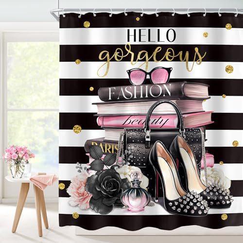 4-Piece Black Pink Shower Curtain Set, Stylish Flower Perfume Bathroom Curtain With Carpet Toilet Lid Pad U Shape