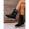 Plus Size Mid-Calf Women's Boots 2025 Winter New Arrival Round Toe, Square Heel Leather Buckle & Knit Panel Combination Martens-Style Boots