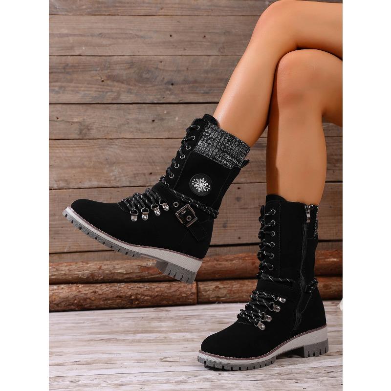 Plus Size Mid-Calf Women's Boots 2025 Winter New Arrival Round Toe, Square Heel Leather Buckle & Knit Panel Combination Martens-Style Boots