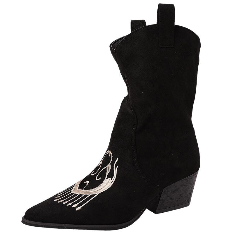 Fashion Pointed Print Leather Boots Thick Heel High Heel Sleeve Short Boots Women's Autumn and Winter Retro Suede Temperament Medium Tube Martin Boots
