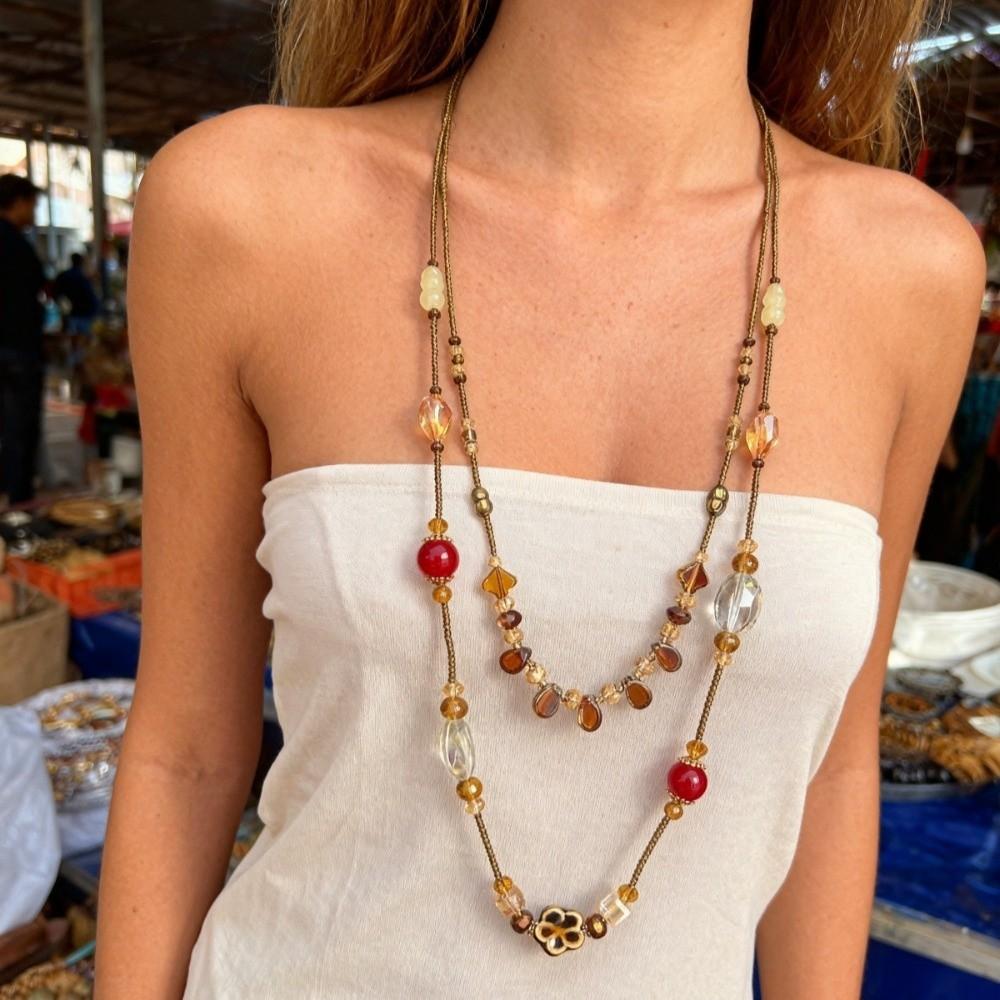 Temperament Flower Glass Beaded Necklaces Fashion Sweater Chain  Gift