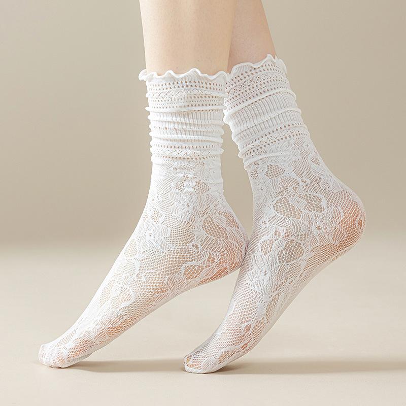 3 Paar atmungsaktive hohle Spitze Damen Mid-Calf Rüschensocken dünn für den Sommer