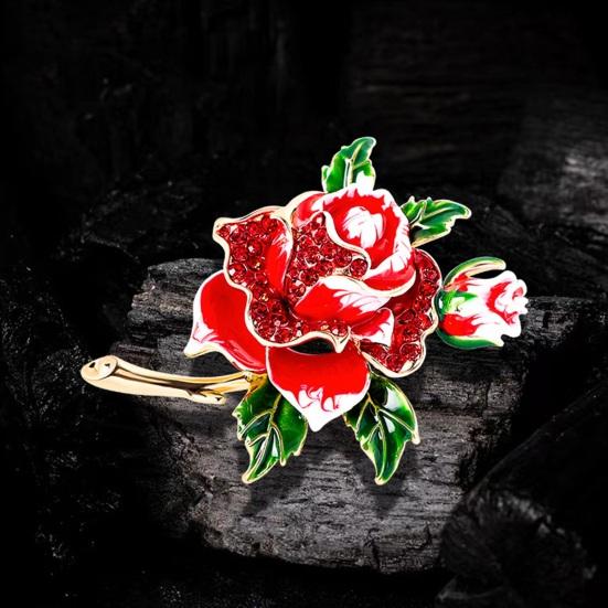 Red Rose Flower Brooch Pin for Women Girls Enamel Rhinestone Floral Brooch Elegant Lapel Pin Jewelry for Party Dance Wedding Banquet
