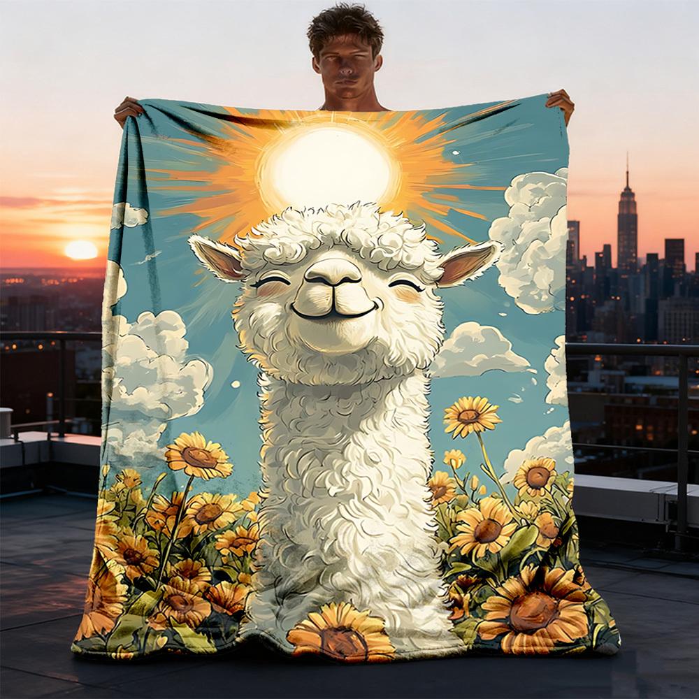 1pc Alpaca Sunflower Field Outdoor Blanket - Lightweight Flannel Throw For Travel, Camping, Livingroom, Couch, Chair yy251114244