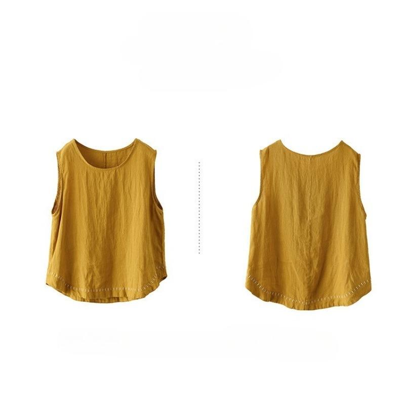 Solid Color Cotton and Linen Embroidered Vest T-shirt Women's Summer Loose Casual Sleeveless Top