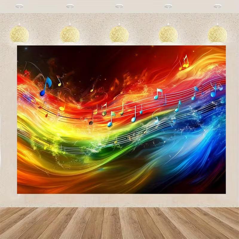 Rainbow Fire Music Notes Backdrop Vibrant Abstract Wave Studio Background