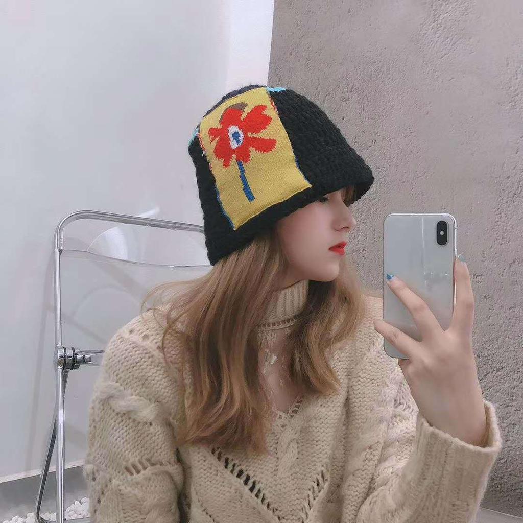 Hat Female Autumn and Winter Face Small Bucket Hat Black Wool Hat Thickened Knitted Bucket Hat