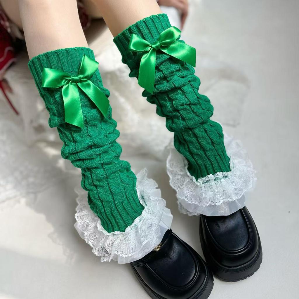 Aesthetic Elegant Layered Ruffle Lace Trim Leg Warmer for Women Cable Knit Leg Sleeve Covers Footless Socks with Bowknot