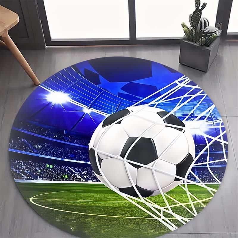 Soccer Ball Goal Stadium Print Round Area Rug Non‑Slip Circular Floor Mat Sport Theme Home Decor for Living Bedroom Gaming Room