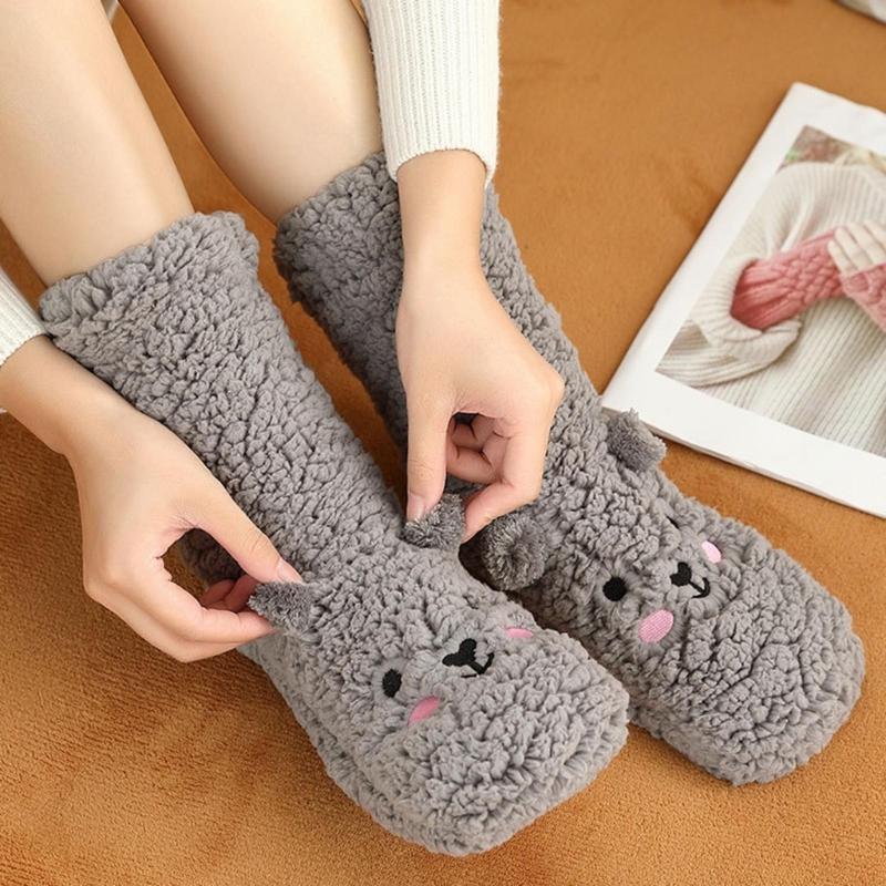 Women Winter Cute Bear Embroidery Fuzzy Slipper Socks Non Slip Warm Socks with Grips Furry Plush Sock for Home Sleeping