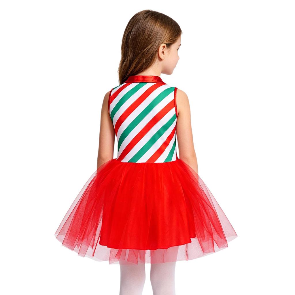 Kids Girls Christmas Costume Tulle Tutu Dress Candy Stripe Sleeveless Metallic Collar for Stage Performance Theme Party Holiday
