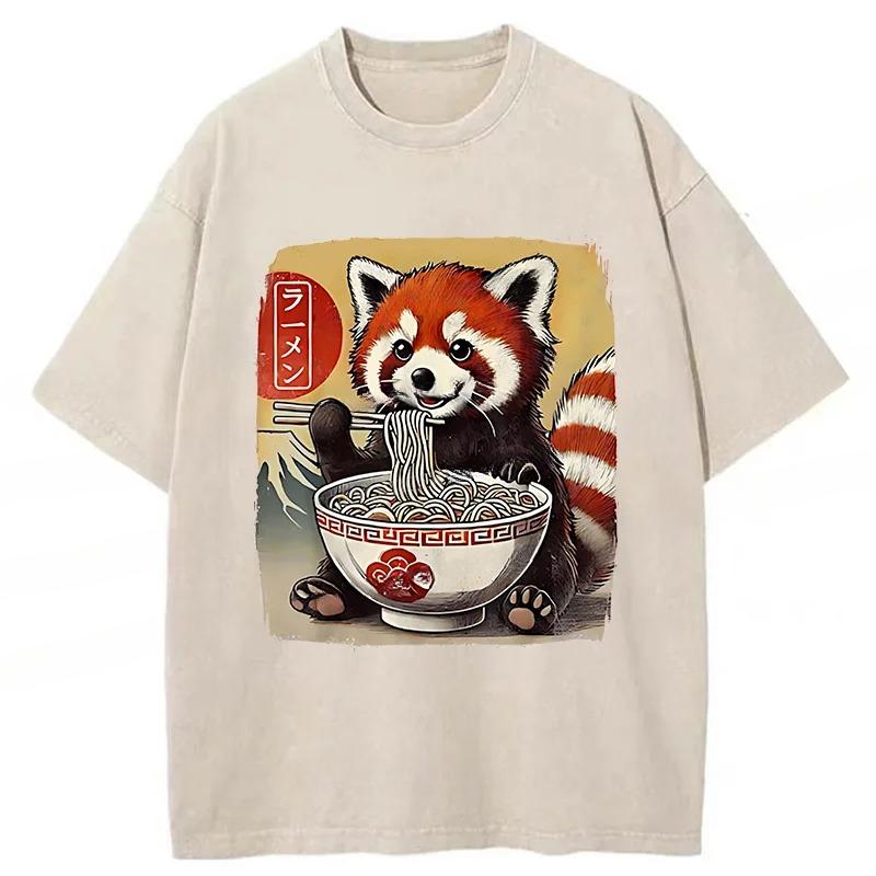 Harajuku Summer Fashion Tees Vintage Cute Raccoon Eating Ramen Funny Japanese Washed T-Shirt Holiday Short Sleeve Tops S