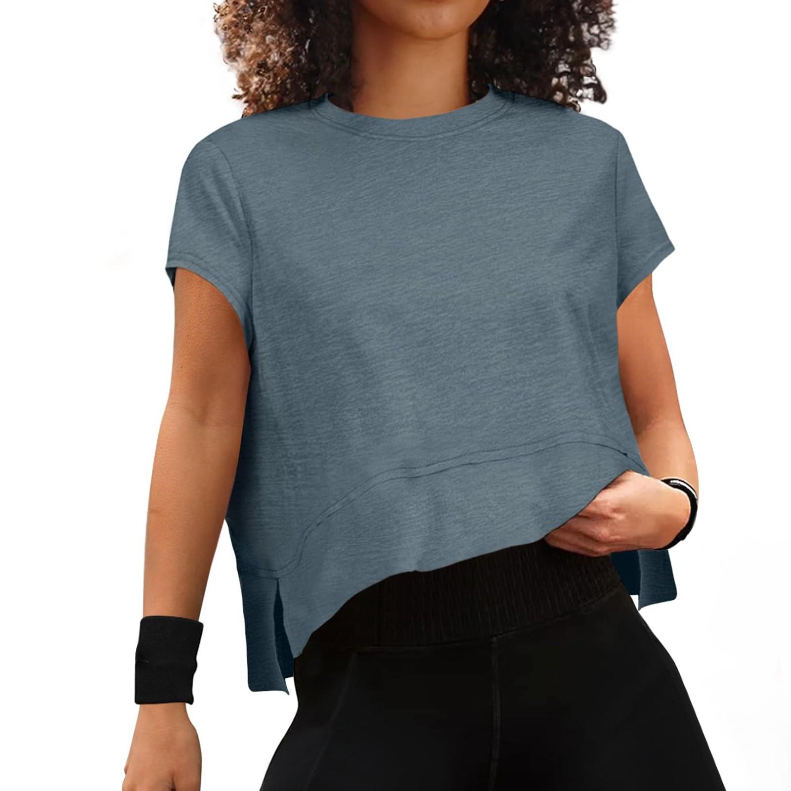 

Женские летние укороченные топы с короткими рукавами и боковыми разрезами, спортивные футболки для занятий йогой в тренажерном зале XXL тёмно-синий