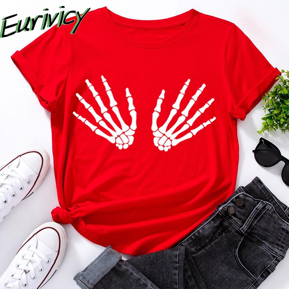 

Eurivicy Женщины Хэллоуин Короткие рукава Футболки O Шея Скелет Ручной печать Летние топы Рубашки