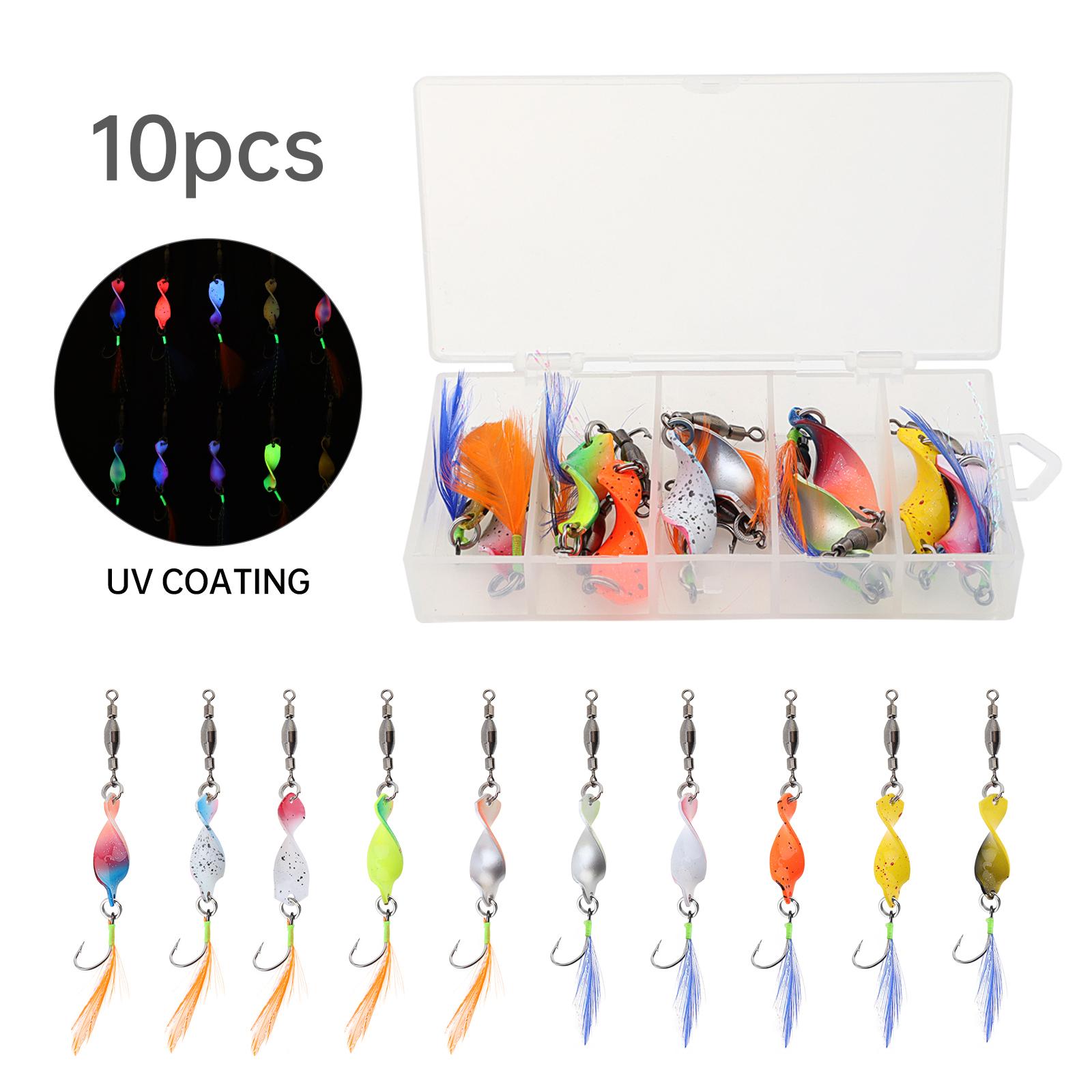 

10Pcs UV Coating Fishing Spinner Lures Kit, Metal Baits with Feather Treble Hooks for Freshwater & Saltwater Trout Fishing, with Tackle Box