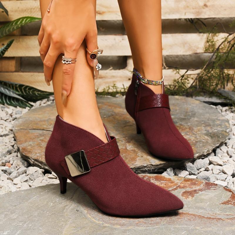 Fashion 2025 French Cat Heel Pointed Toe Women's Metal Buckle Naked Boots Vintage Scrub Booties