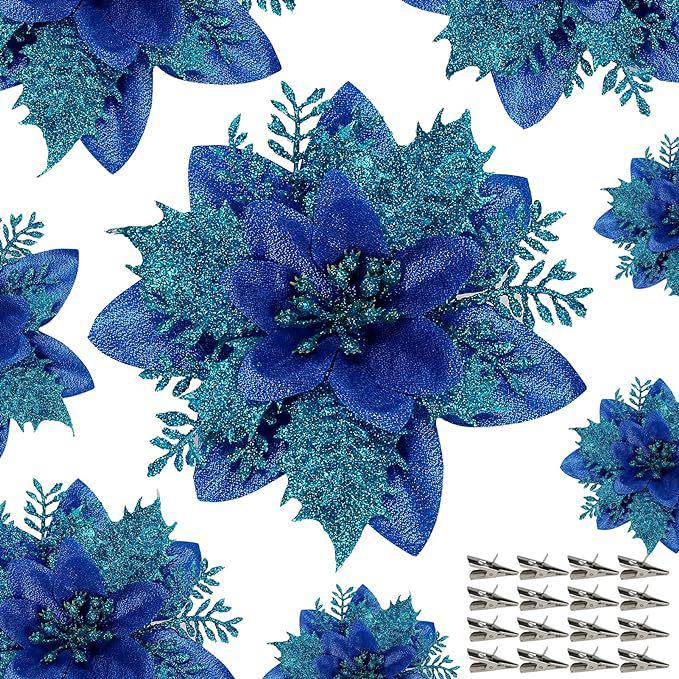 Red Christmas Flower Decoration with Clip and Gold Glitter for Wreaths and Weddings