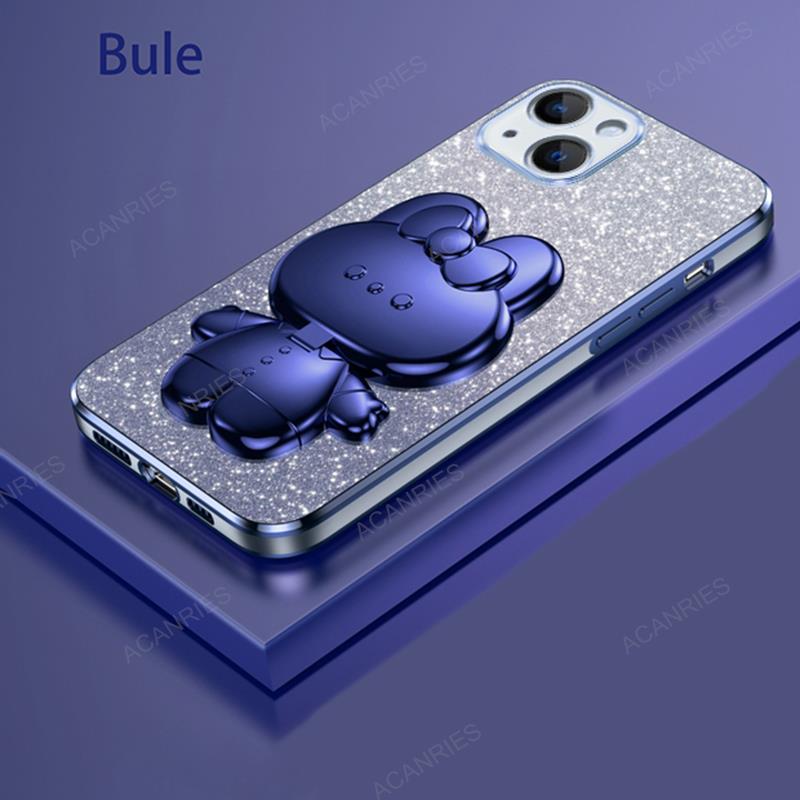 Cute 3D Rabbit Makeup Mirror Stand Plating Case For Iphone 15 Pro Max 14 Plus 13 12 Mini 11 X Xr Xs 8 7 Se Protect Back Cover