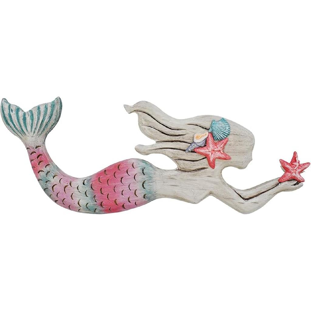 Rustic Wood Mermaid Decor Hanging Nautical Wall Decor, Wooden Mermaid Plaque Wall Sculpture Bathroom Beach Themed Decorations Coastal Mediterranean
