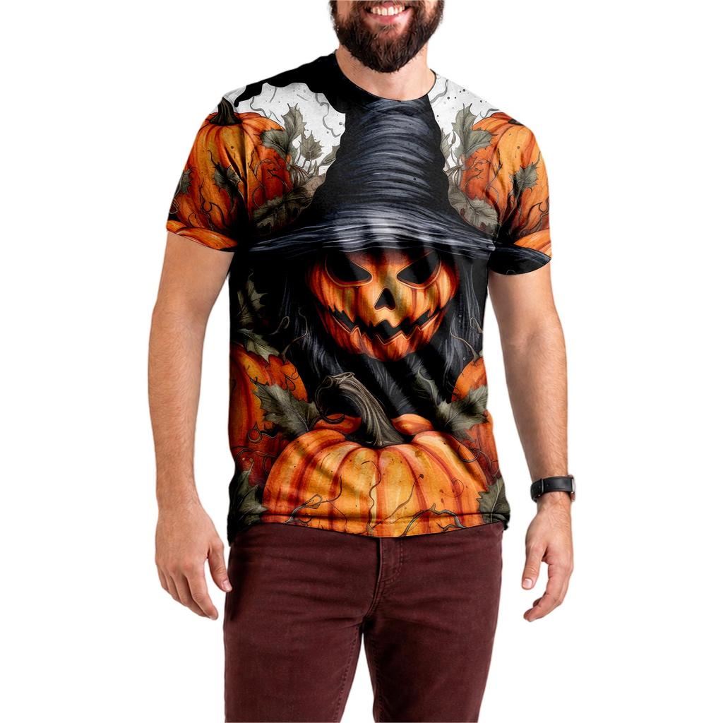 Halloween All Over Print T Shirt, Cute Pumpkin Graphic Tee for Women Men