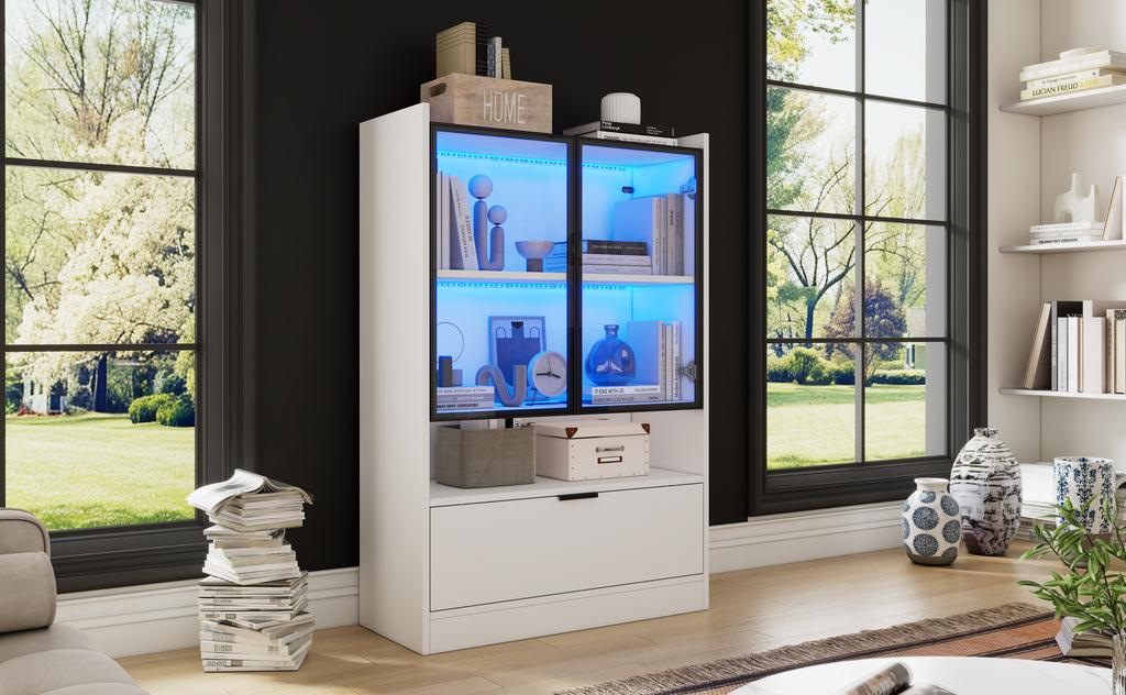 Moderner LED-Ausstellungsschrank Höhe 120cm mit LED-Beleuchtung, Wohnzimmerschrank mit Glastüren und Falttür, Spanplatten-Ausstellungsschrank, Weiß