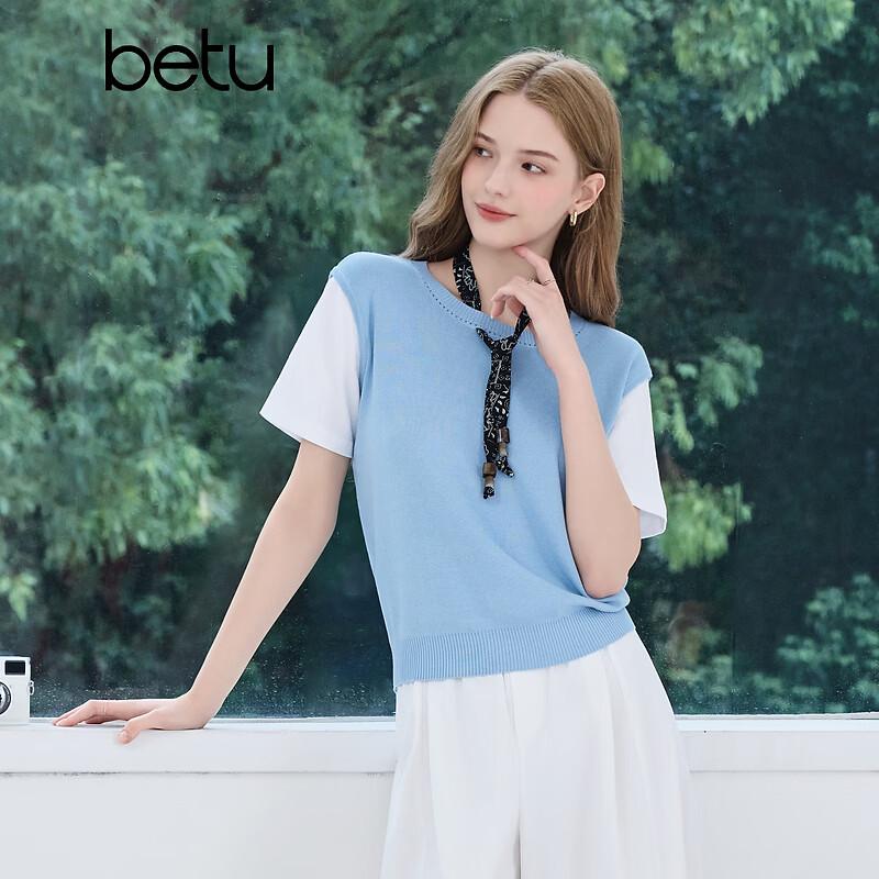 Baitu Women's Faux Two-Piece Short Sleeve Knit Top