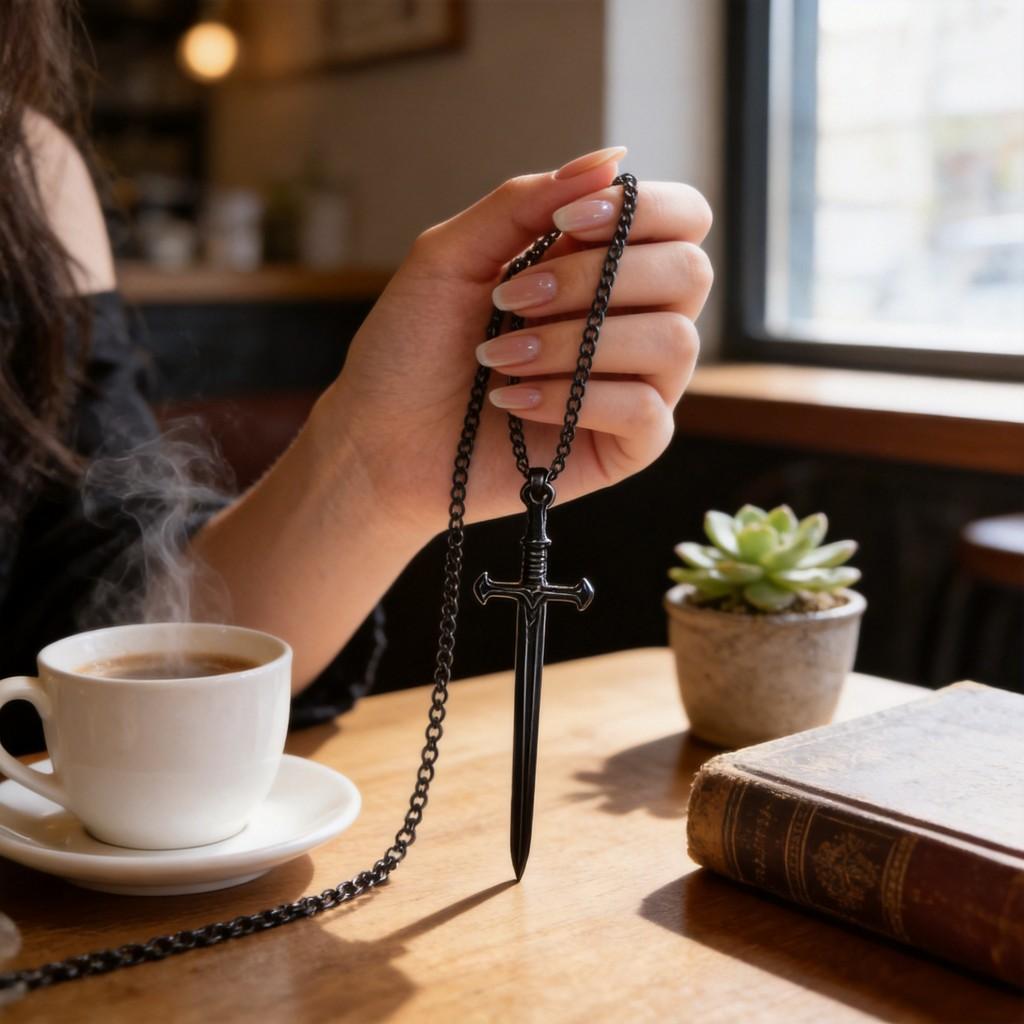 Gothic Black Long Sword Pendant With Cross Chain For Women