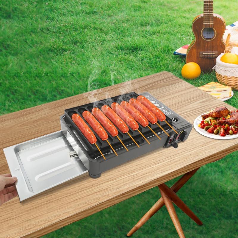 Gas Grill Stove with Sausage Grill Plate Plastic Box Portable Camping Butane Stove Adjustable Flame for Outdoor Picnic BBQ
