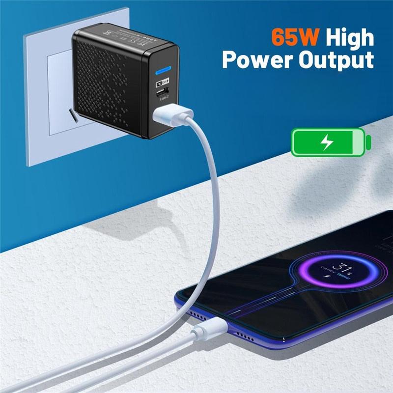 Cargador PD USB Tipo C de 65W Carga de Teléfono Móvil Tipo C Cargador de Pared para iPhone Xiaomi Samsung Cargador con Enchufe EU US UK