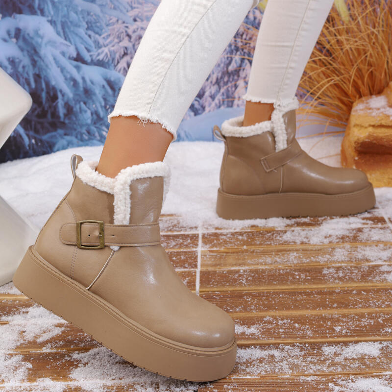 Fashion Thick Bottom Waterproof Pu Snow Boots Women 2025 Winter Metal Buckle Chunky Platform Furry Ankle Boots Warm Plush Casual Shoes