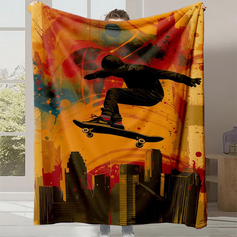 

1pc Skate-Themed Teen Plush Quilted Blanket - Soft Warm All-Season Bedspread with Skater & Silhouette, Color-Block Design 130x150cm