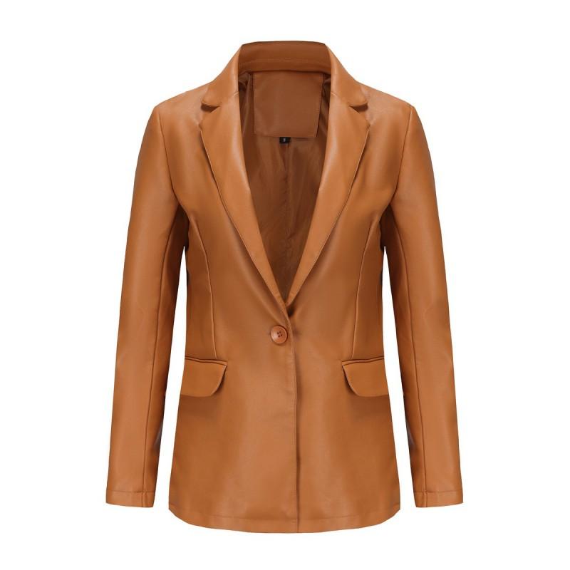 Womens PU Leather Blazer Jacket Long Sleeve Single Button Casual Office Wear Solid Color