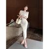 Temperament sexy slanted shoulder short-sleeved dress women's summer slim-fit long dress showing figure waist hip skirt
