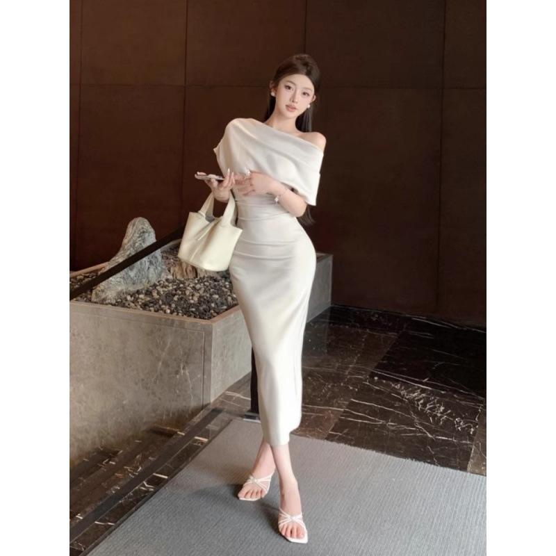 Temperament sexy slanted shoulder short-sleeved dress women's summer slim-fit long dress showing figure waist hip skirt