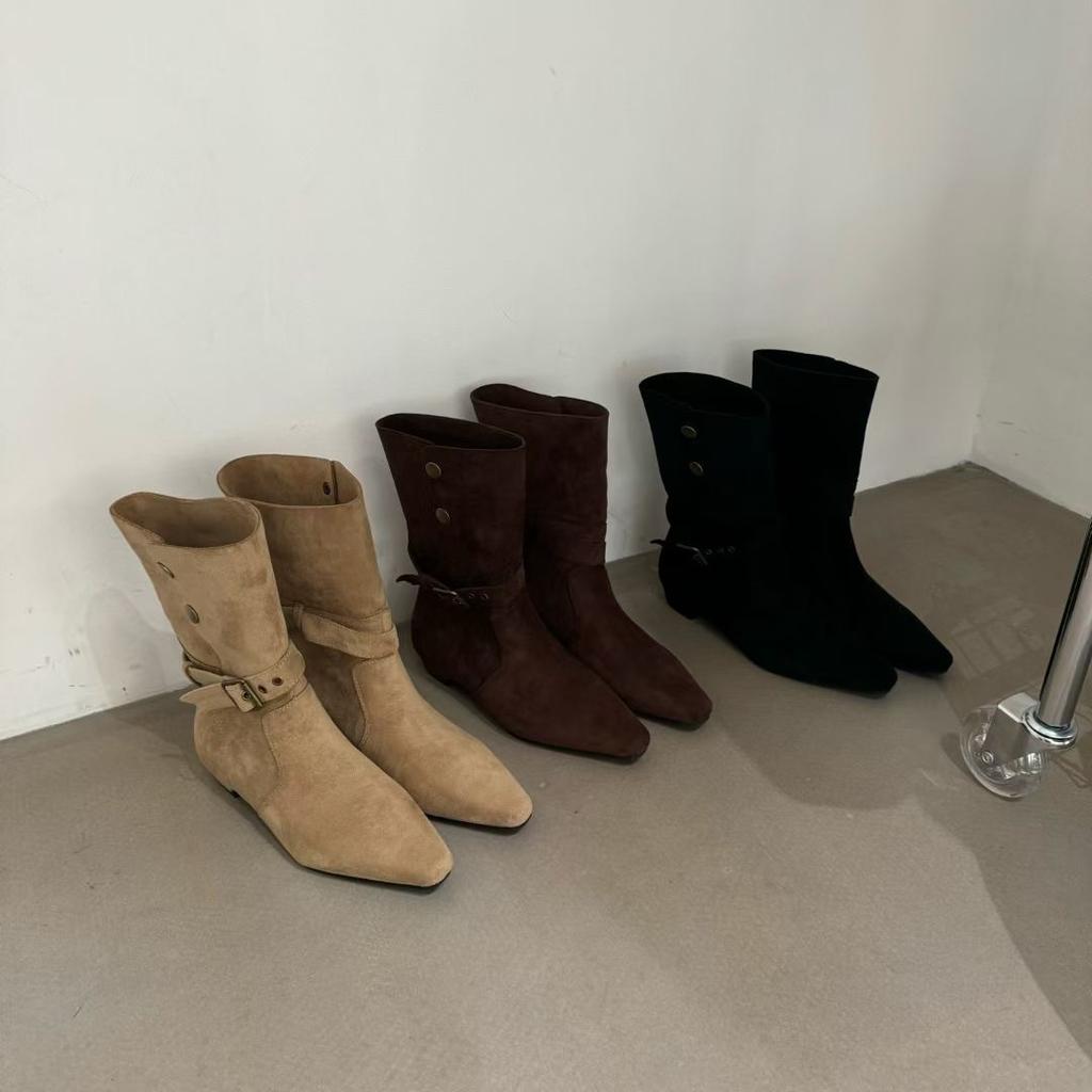 Low Heel Suede Medium Boots Women's Boots 2025 Autumn and Winter Retro Western Cowboy Boots with Skirt Skinny Boots Short Boots