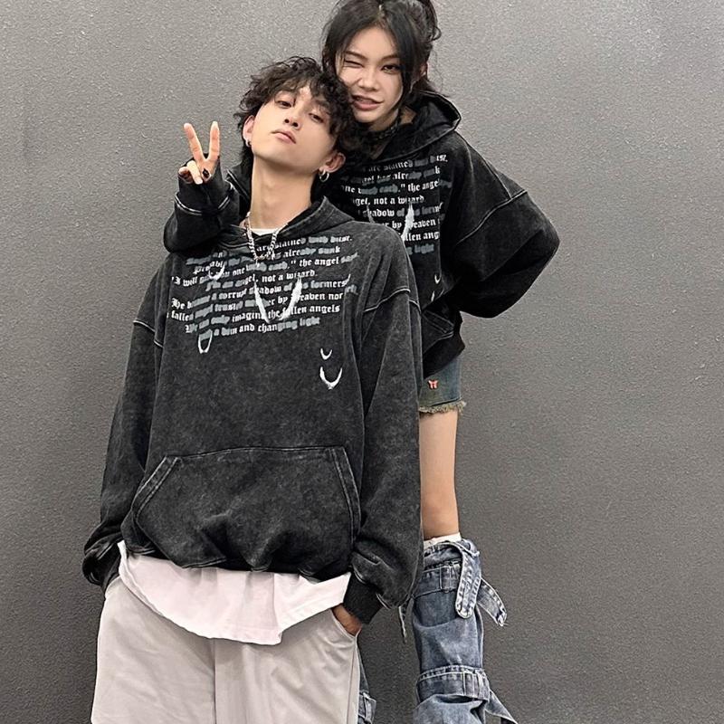 American Style Old Washed Hooded Sweater for Couple Loose Bird Print High Street Hoodie Men's Fashion
