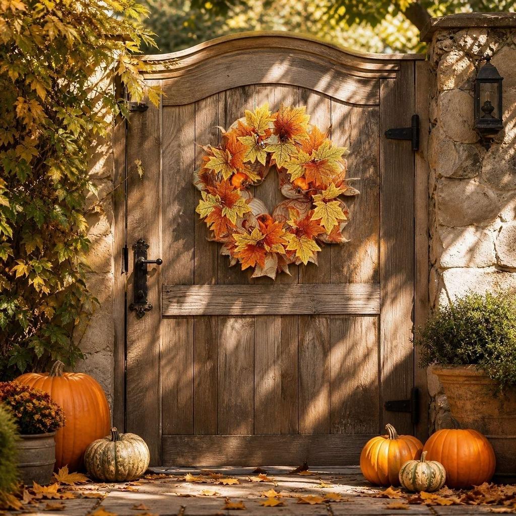 40cm Thanksgiving Pumpkin Wreath with Dual Tone Maple Leaves and Decorative Mesh for Seasonal Home Wall Door Decoration