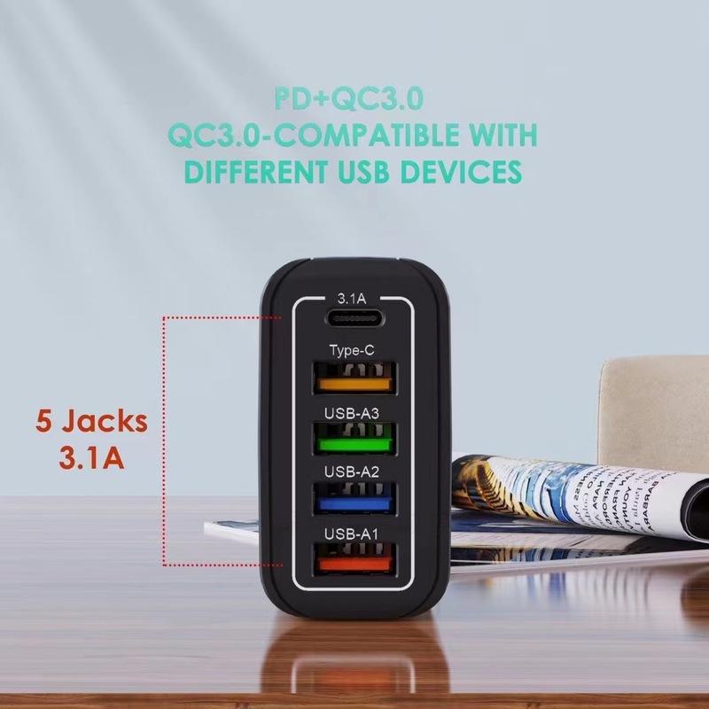 4-Port USB & 1-Port PD Mobile Phone Charger 5V 3.1A with EU, US, UK Plug