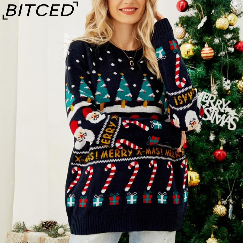 BITCED Autumn/Winter Niche Designer Knitwear for Women Christmas Tree Knit Pullover Snowman Patterned Chunky Sweater