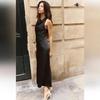 European and American Women's Satin Mid-length Dress with Ruched Waist and Cowl Neck.