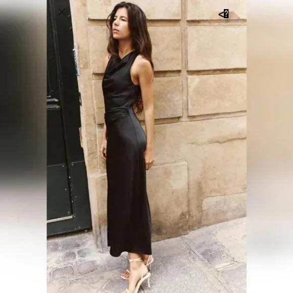 European and American Women's Satin Mid-length Dress with Ruched Waist and Cowl Neck.