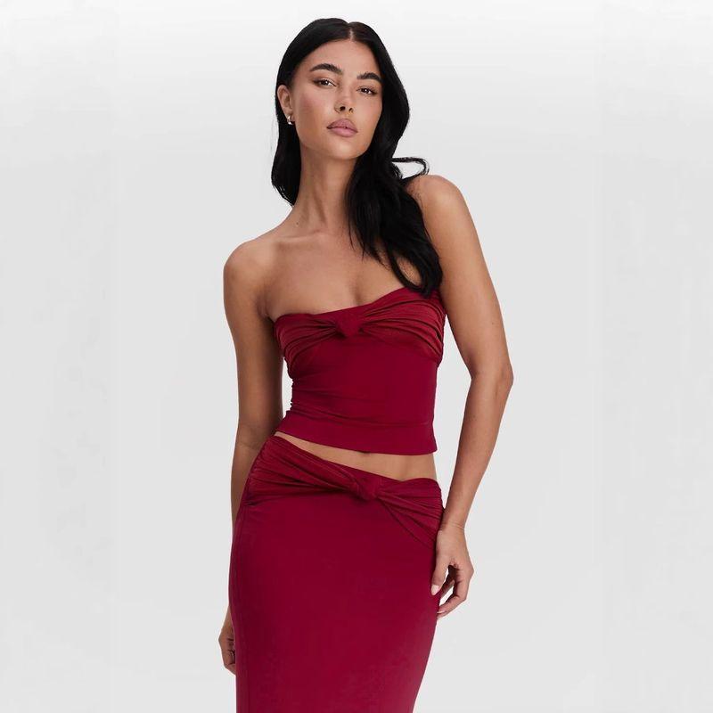 

Fashion Style Women s Clothing Summer Sexy Tube Top Fashion Set Long Dress Slim Fit Two-Piece Suit Dark red XS