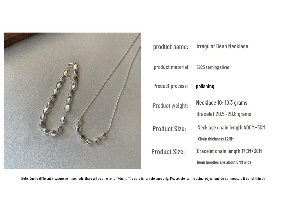 Korean Style Silver Bean Necklace & Bracelet Set - Fashionable S925 Sterling Silver Clavicle Chain