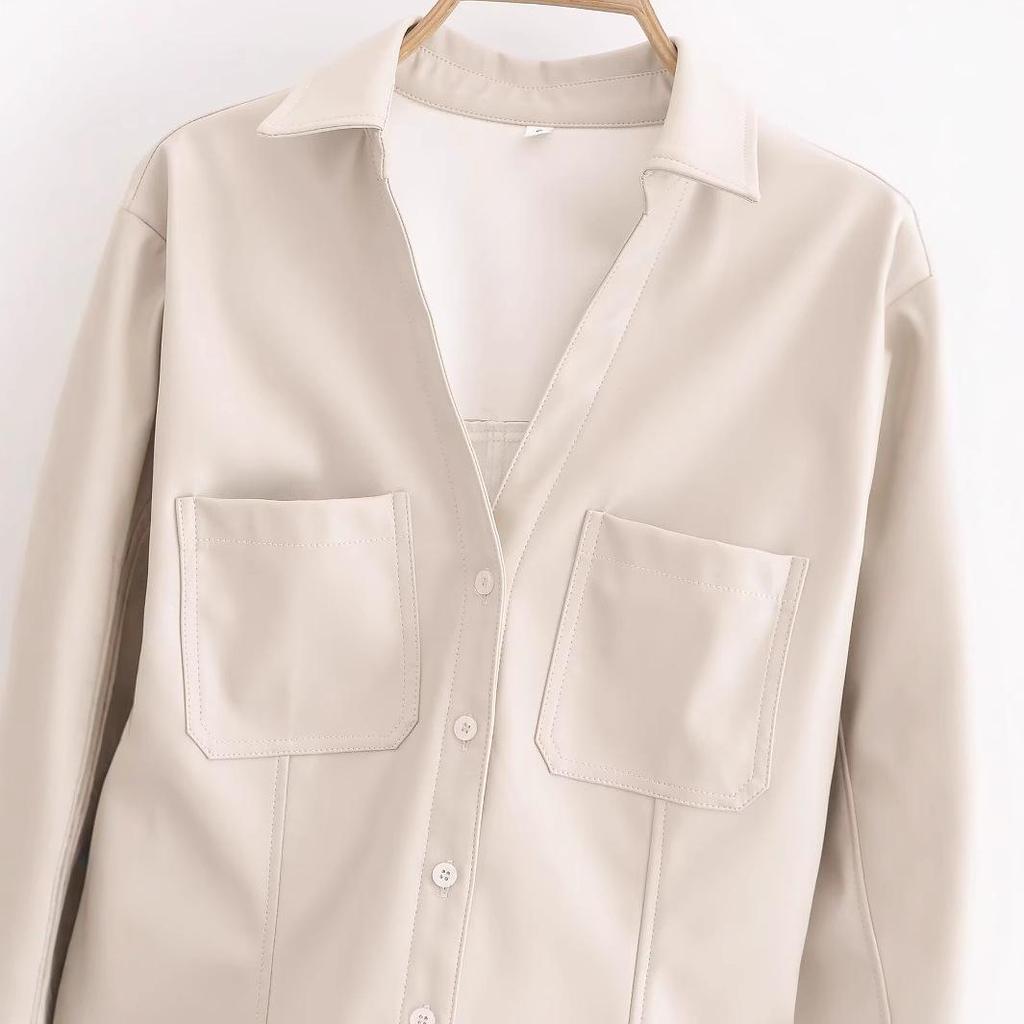 2024 Women's European & American Style Slim Fit Faux Leather Shirt