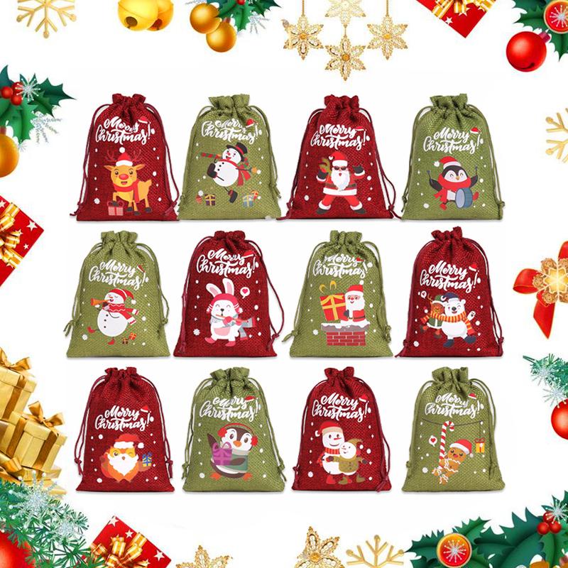 12 STÜCKE/Set Weihnachtsgeschenktüten Geschenkverpackung Leinenstoffe Exquisite Partygeschenke Niedliches Weihnachten