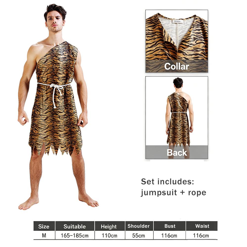 Couple Caveman Costume Set Tiger Print Primitive Outfit For Men Women Halloween Party Cosplay African Tribal Performance Costume