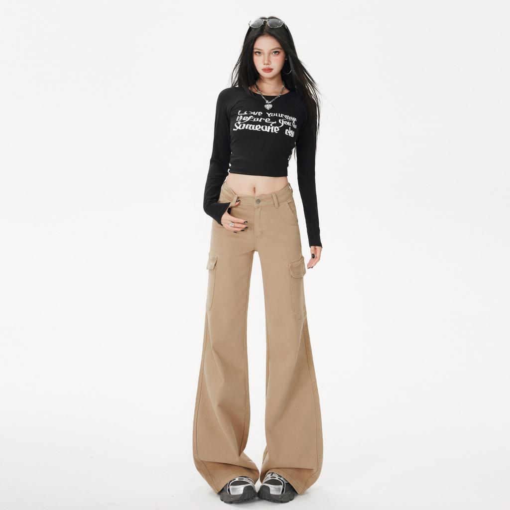 American micro-pull tooling jeans women's autumn new low-rise elastic and thin wide-leg horseshoe flared pants